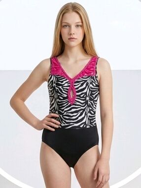 Dansco Hot Pink Zebra Dance Leotard Velour Plush Girls LC Large Belted Bodysuit